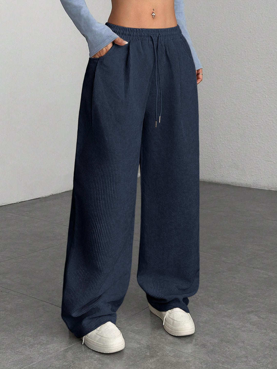 Ribbed Wide Leg Pants for Women, Drawstring with Pockets