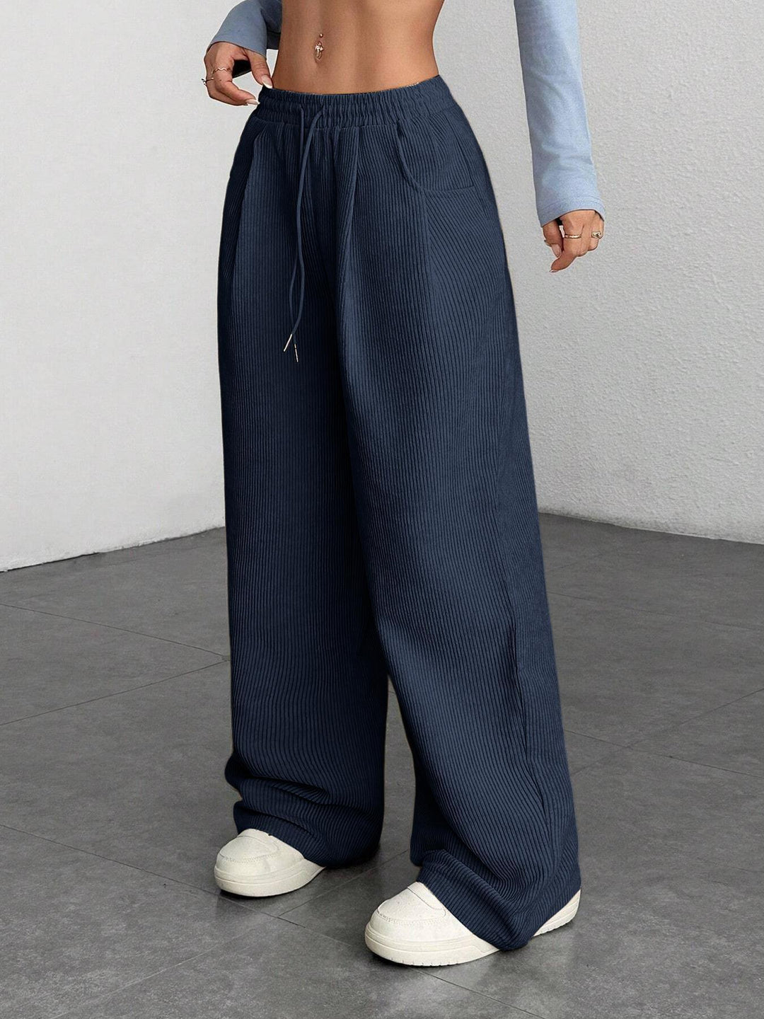 Ribbed Wide Leg Pants for Women, Drawstring with Pockets