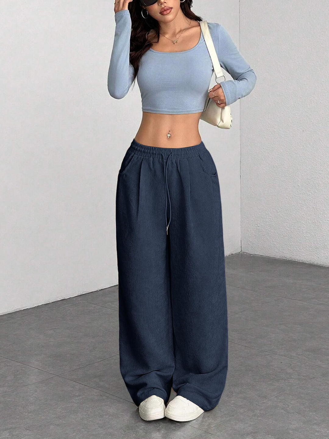Ribbed Wide Leg Pants for Women, Drawstring with Pockets