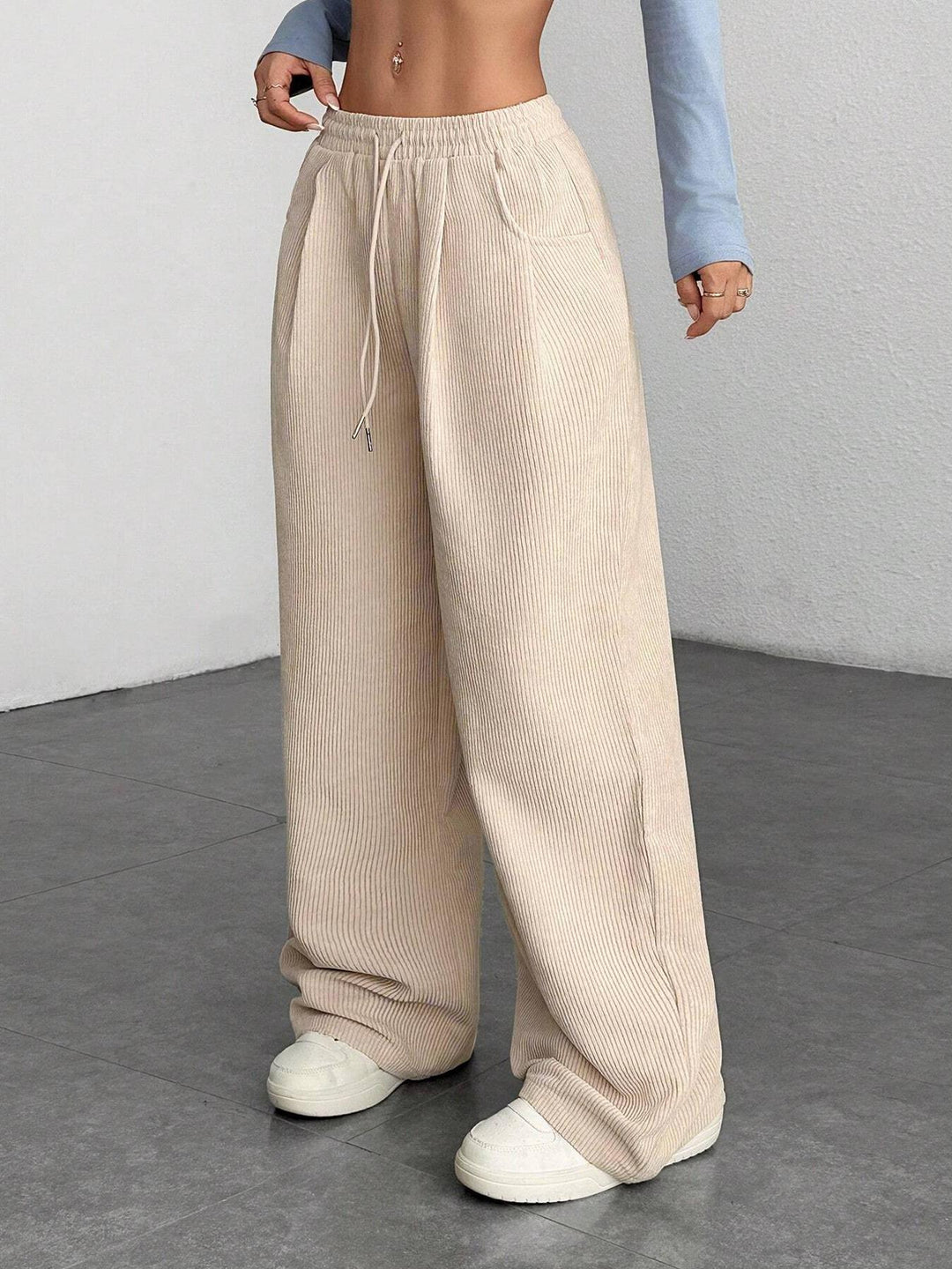 Ribbed Wide Leg Pants for Women, Drawstring with Pockets