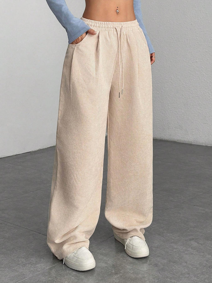 Ribbed Wide Leg Pants for Women, Drawstring with Pockets