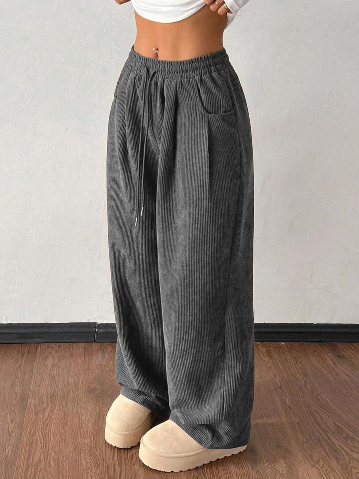 Ribbed Wide Leg Pants for Women, Drawstring with Pockets