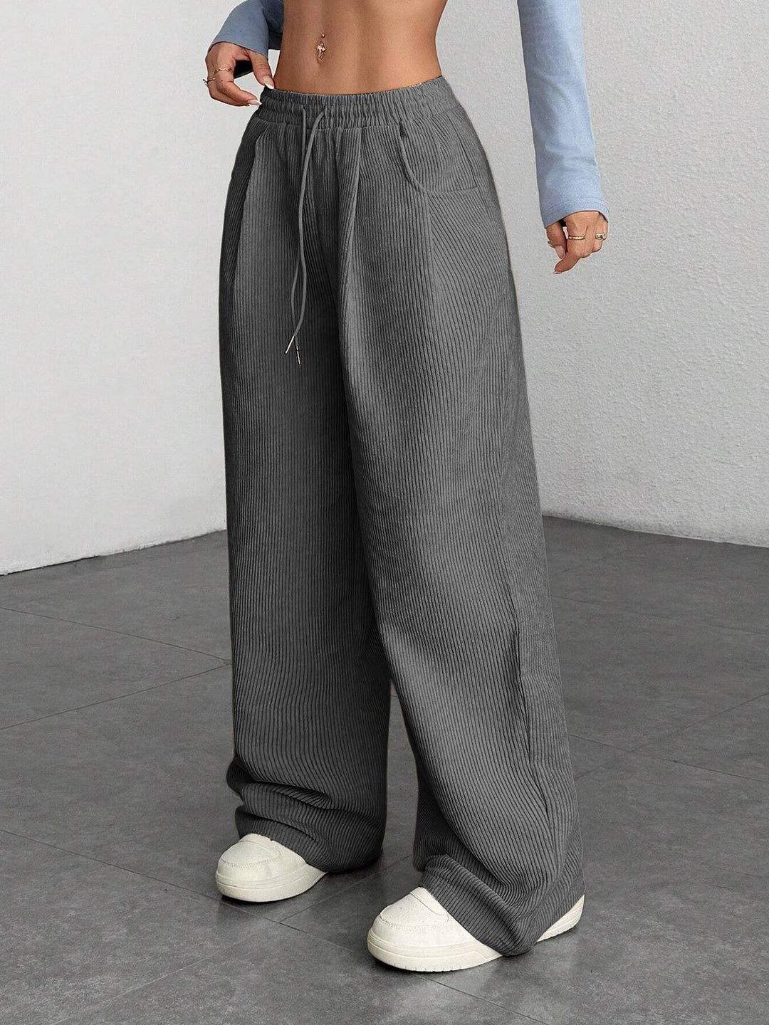 Ribbed Wide Leg Pants for Women, Drawstring with Pockets