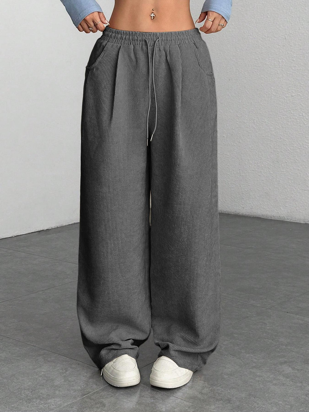 Ribbed Wide Leg Pants for Women, Drawstring with Pockets