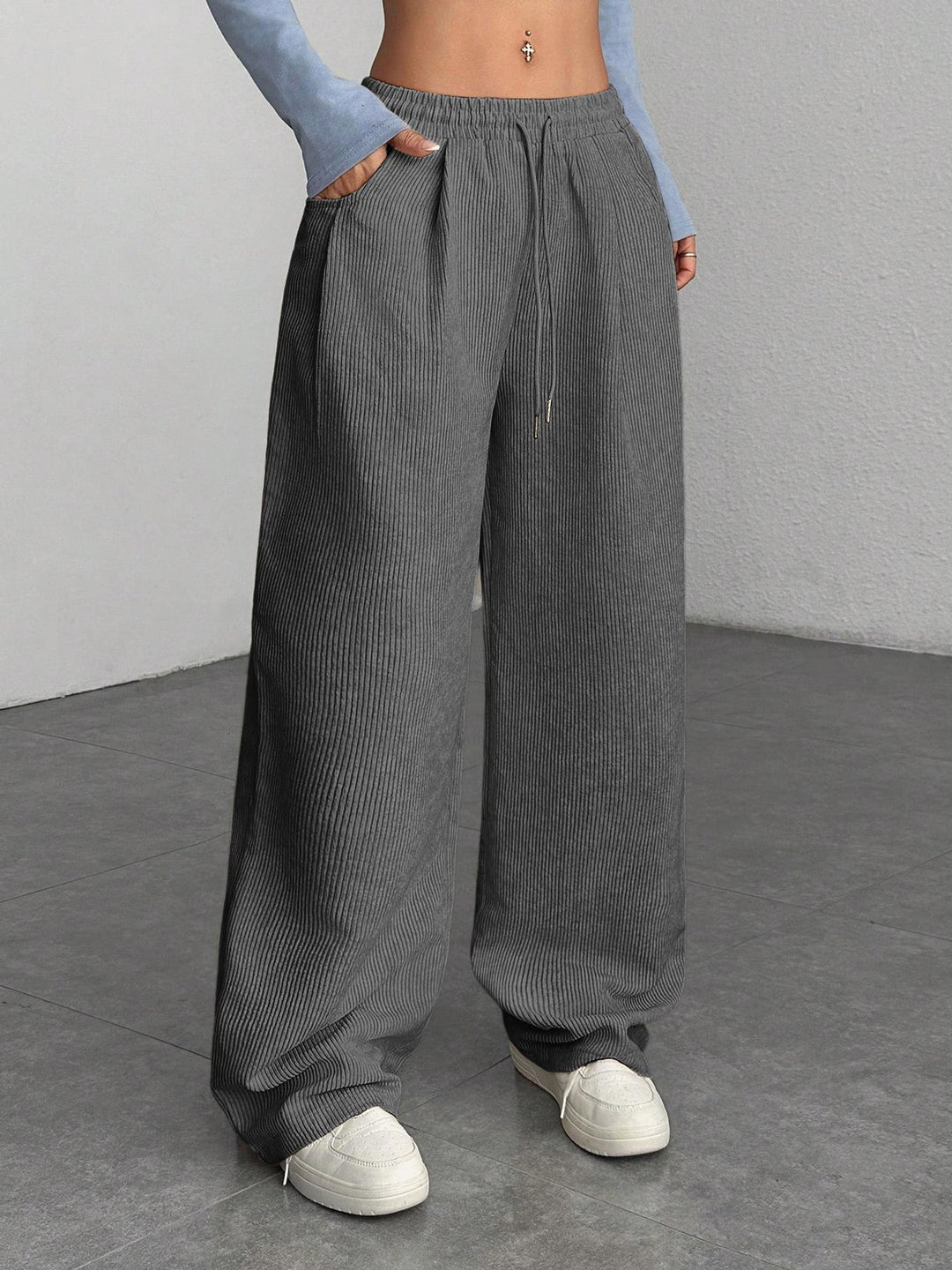 Ribbed Wide Leg Pants for Women, Drawstring with Pockets