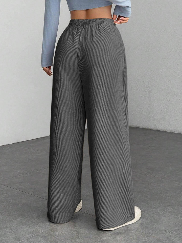 Ribbed Wide Leg Pants for Women, Drawstring with Pockets
