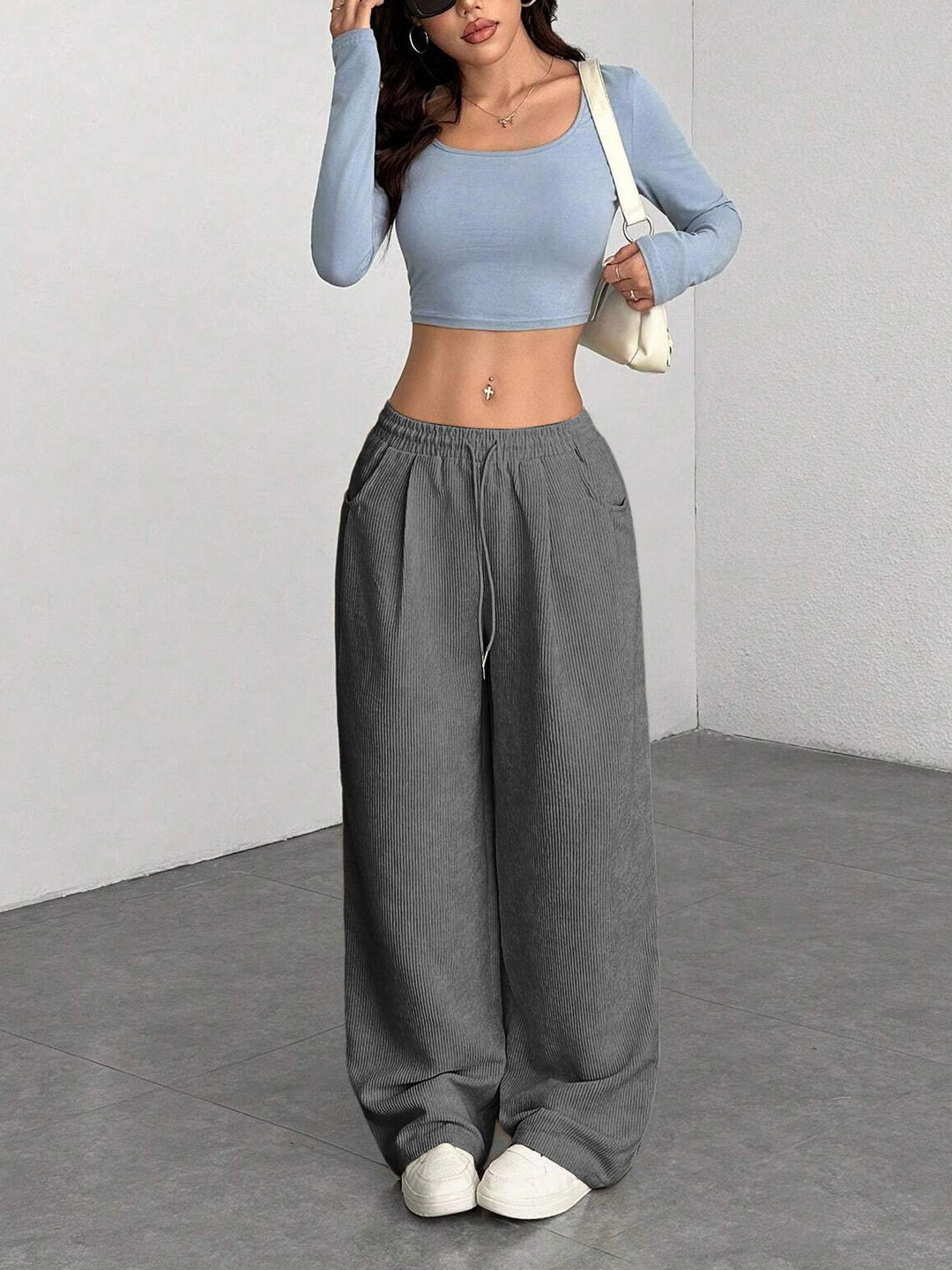Ribbed Wide Leg Pants for Women, Drawstring with Pockets