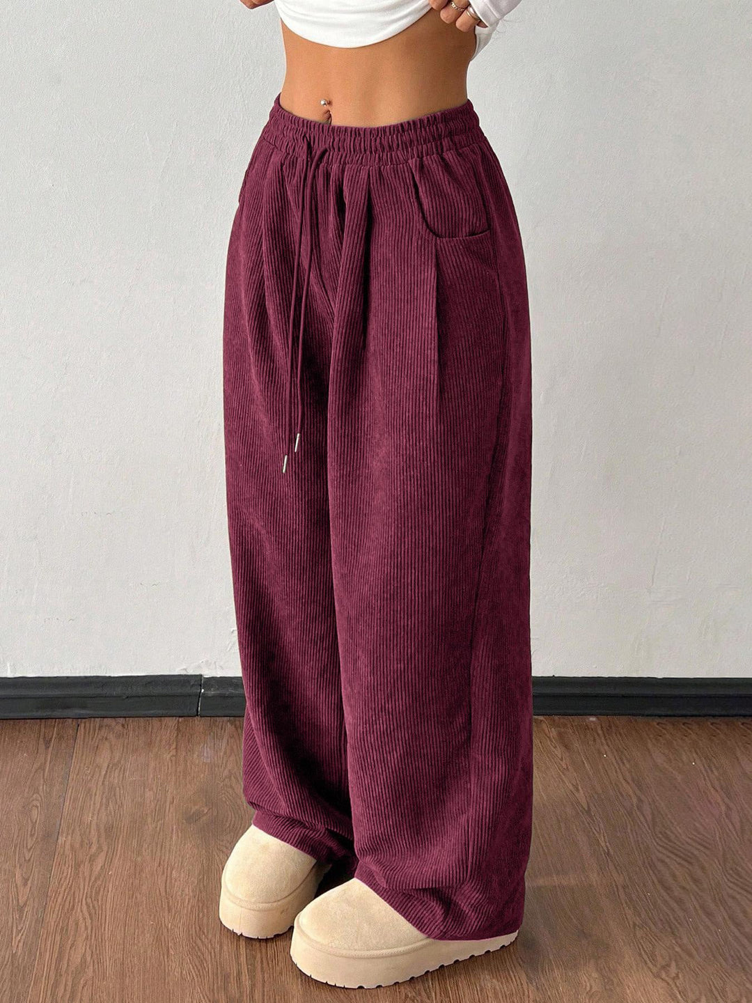 Ribbed Wide Leg Pants for Women, Drawstring with Pockets