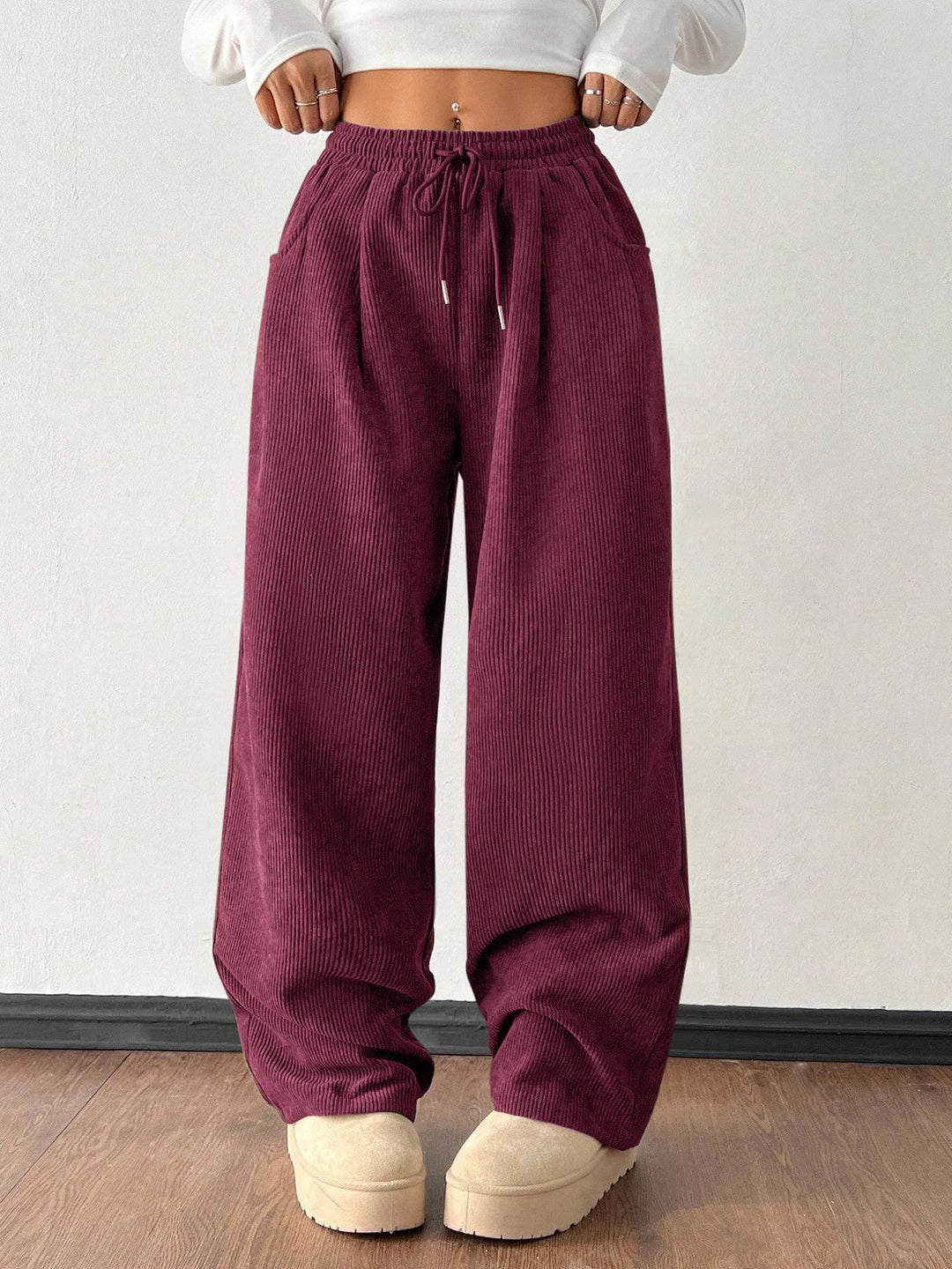 Ribbed Wide Leg Pants for Women, Drawstring with Pockets