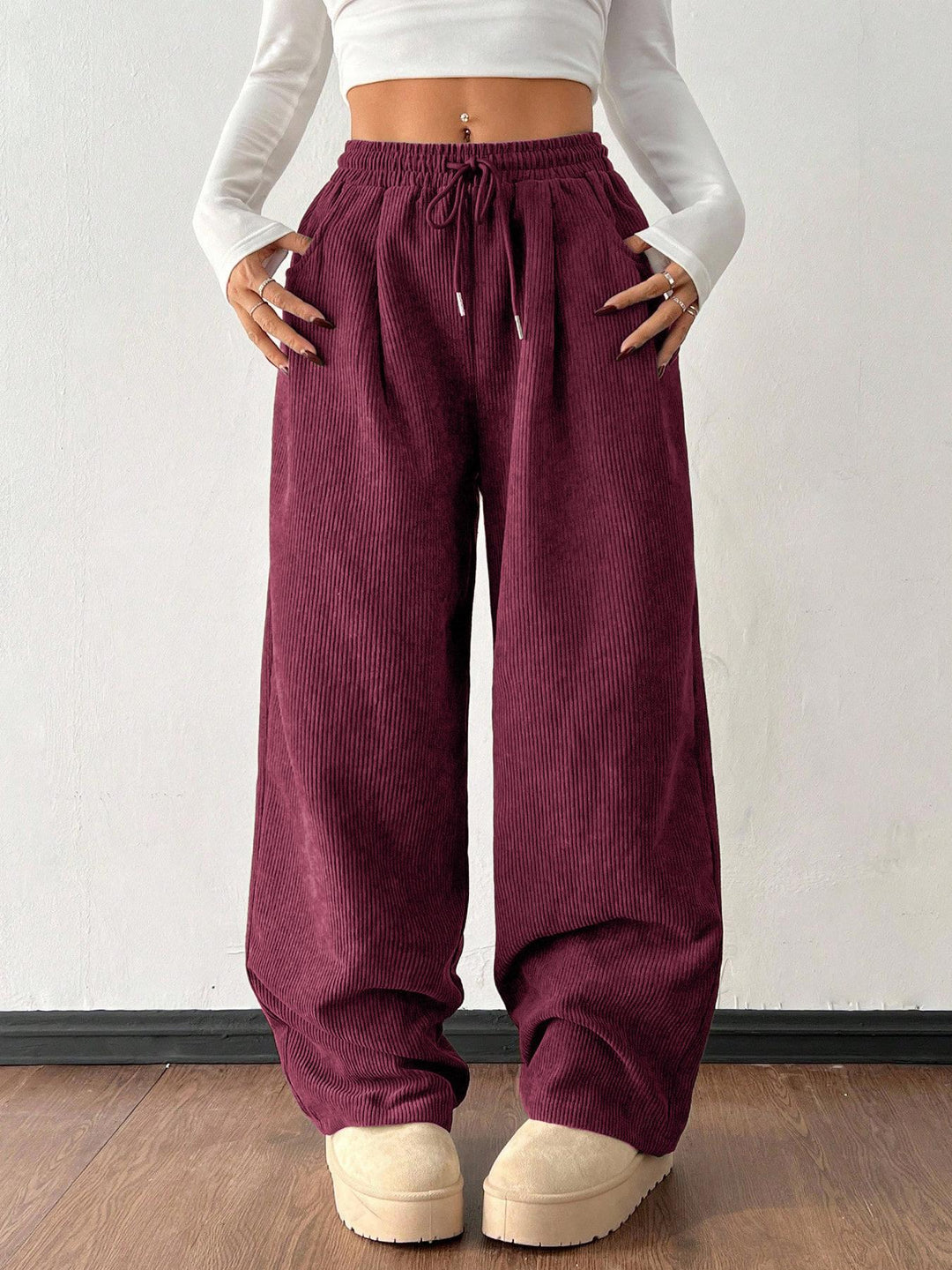 Ribbed Wide Leg Pants for Women, Drawstring with Pockets
