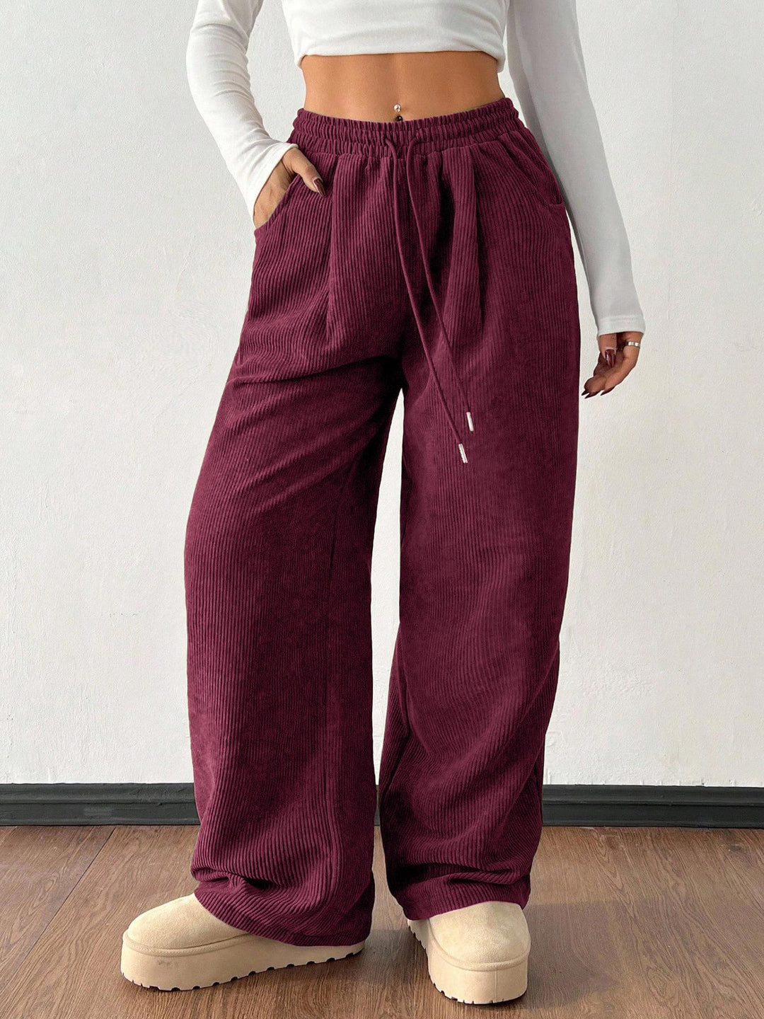 Ribbed Wide Leg Pants for Women, Drawstring with Pockets