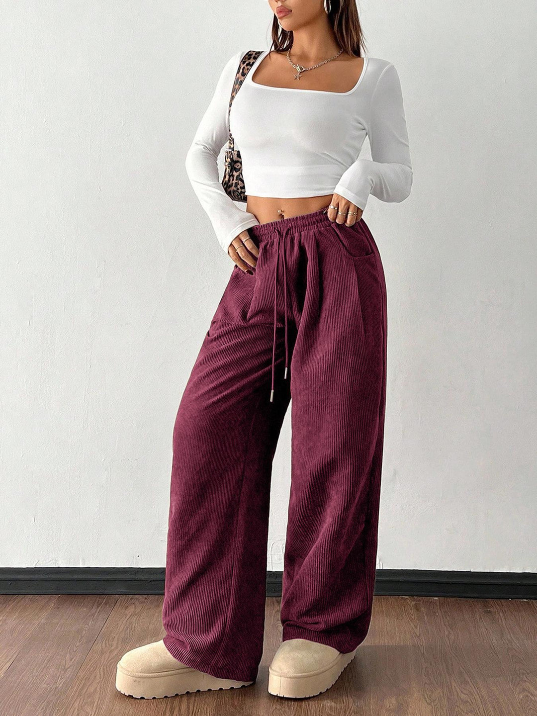 Ribbed Wide Leg Pants for Women, Drawstring with Pockets