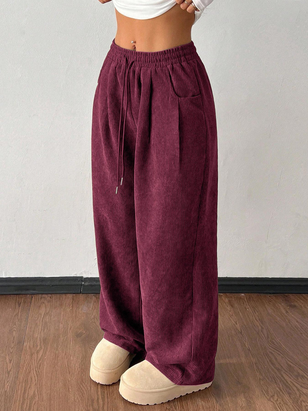 Ribbed Wide Leg Pants for Women, Drawstring with Pockets