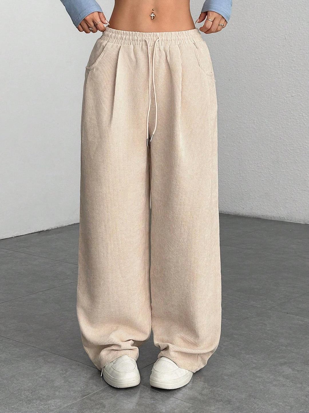 Ribbed Wide Leg Pants for Women, Drawstring with Pockets