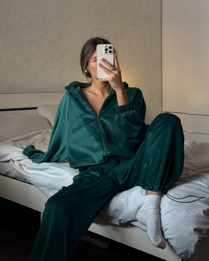 Velour Lounge Set for Women, Zip Jacket and Wide Leg Pants