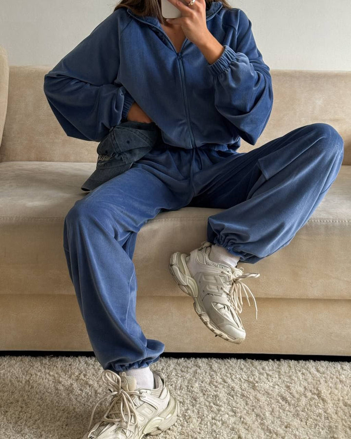 Velour Lounge Set for Women, Zip Jacket and Wide Leg Pants