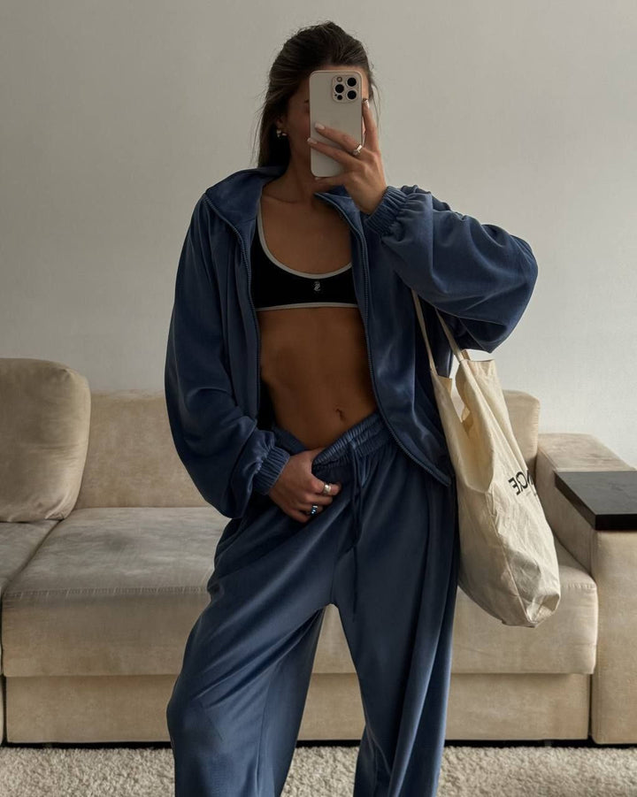 Velour Lounge Set for Women, Zip Jacket and Wide Leg Pants