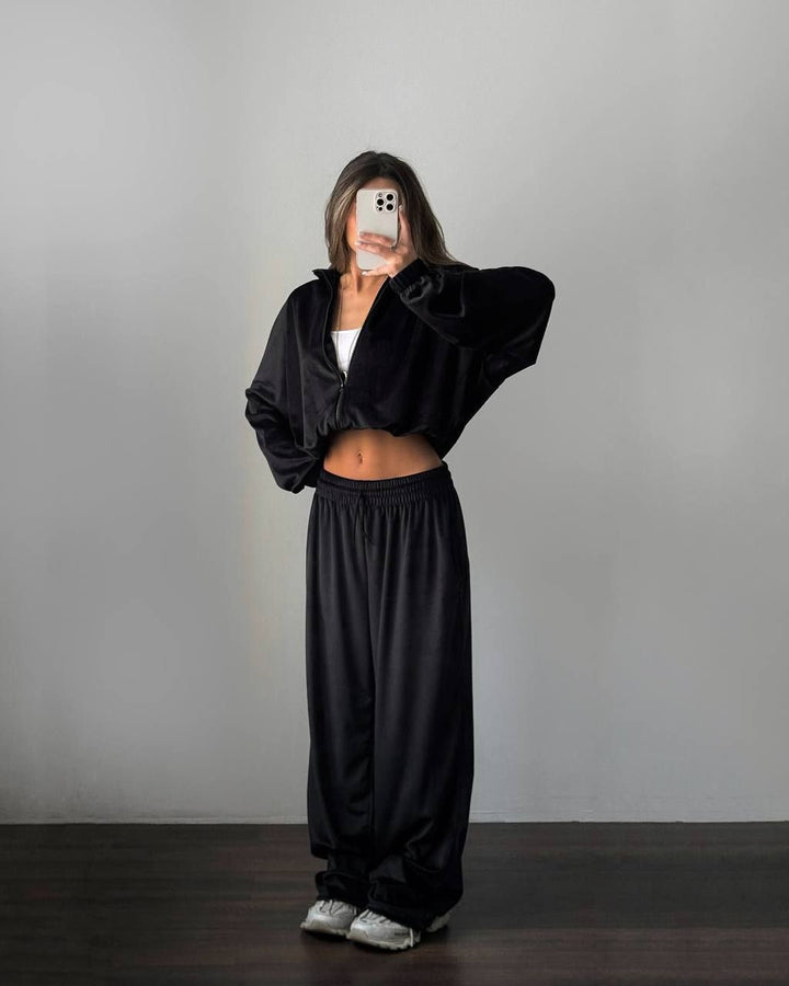 Velour Lounge Set for Women, Zip Jacket and Wide Leg Pants