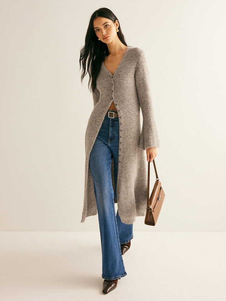 Longline Knit Cardigan for Women, V-Neck Long Sleeve