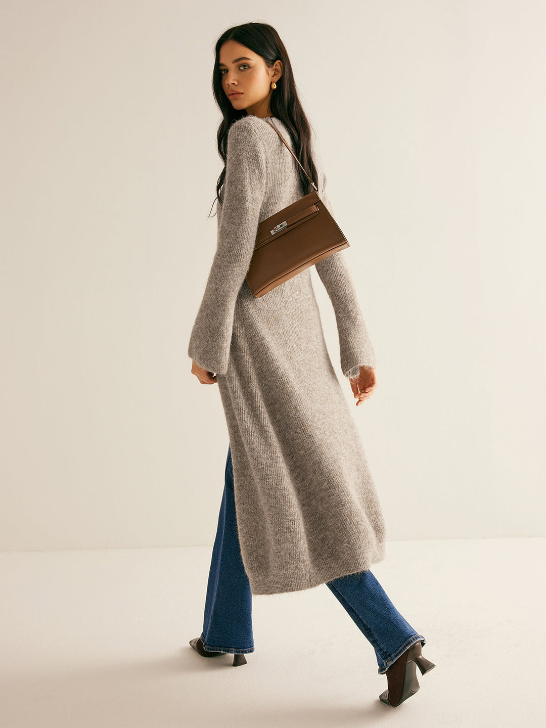 Longline Knit Cardigan for Women, V-Neck Long Sleeve