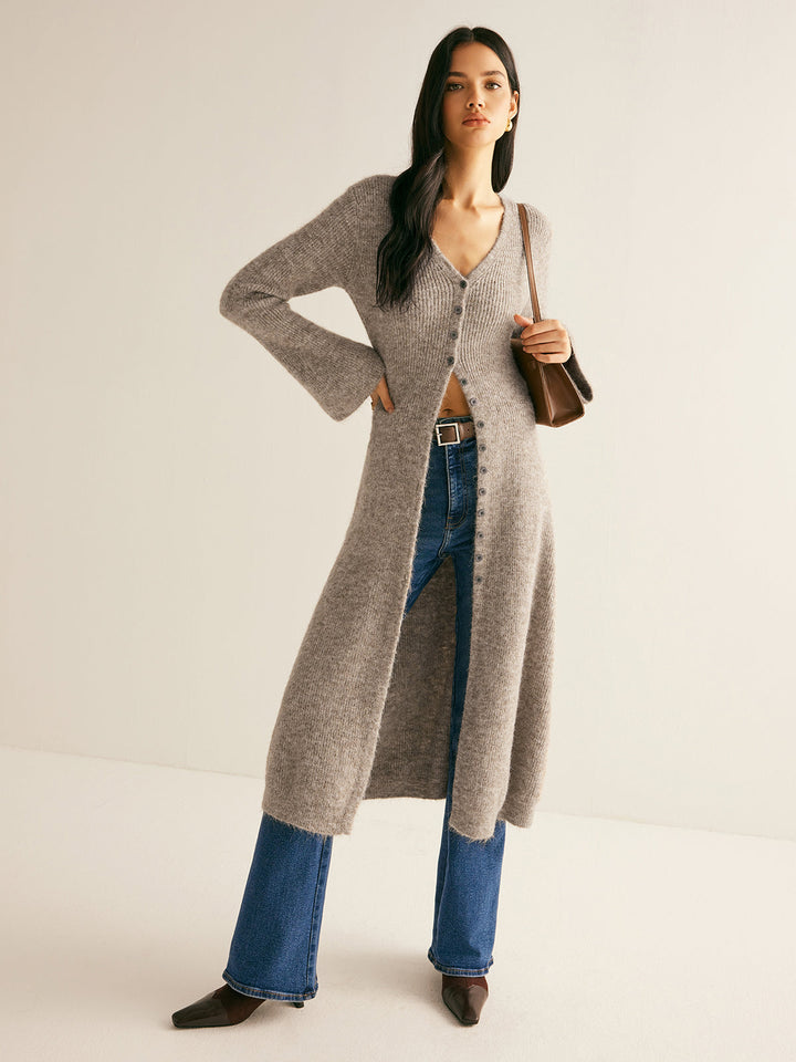 Longline Knit Cardigan for Women, V-Neck Long Sleeve
