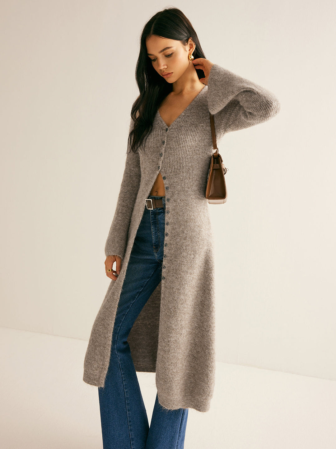 Longline Knit Cardigan for Women, V-Neck Long Sleeve