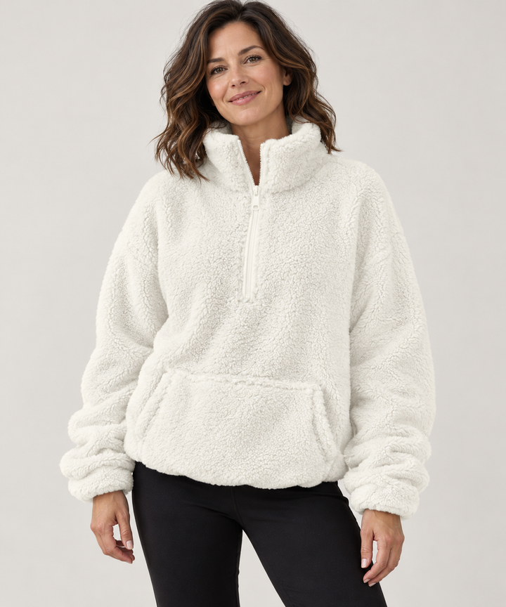 Teddy Fleece Half-Zip for Women, Oversized with Stand Collar