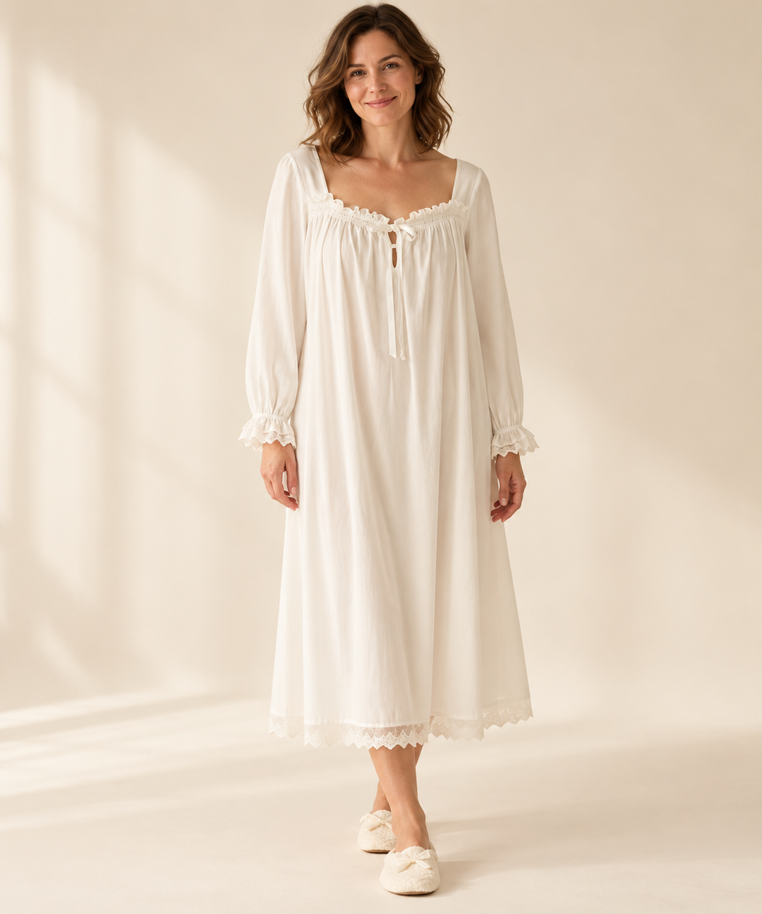 Cotton Prairie Nightgown for Women in White, Long Sleeve