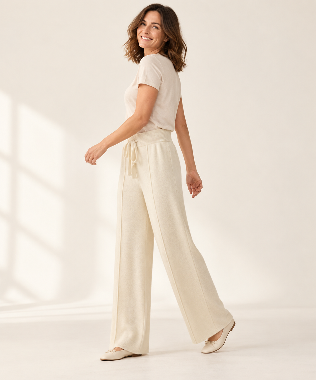 Knit Wide-Leg Pants for Women, High Waist Lounge Trousers
