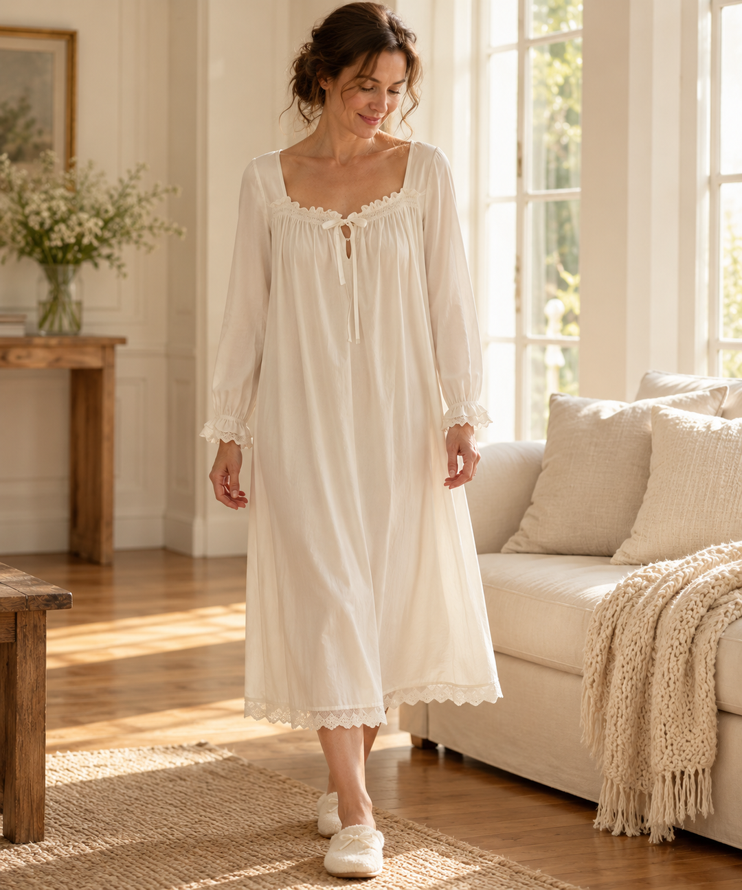 Cotton Prairie Nightgown for Women in White, Long Sleeve