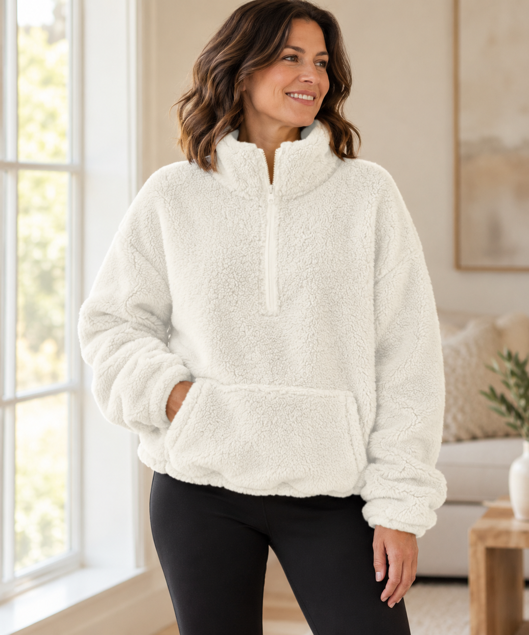 Teddy Fleece Half-Zip for Women, Oversized with Stand Collar
