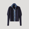 Women's Navy Ribbed Cardigan | Knit Cardigan with Denim Trim