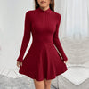 Women's Ribbed Mini Dress | High Neck Long Sleeve Skater Dress