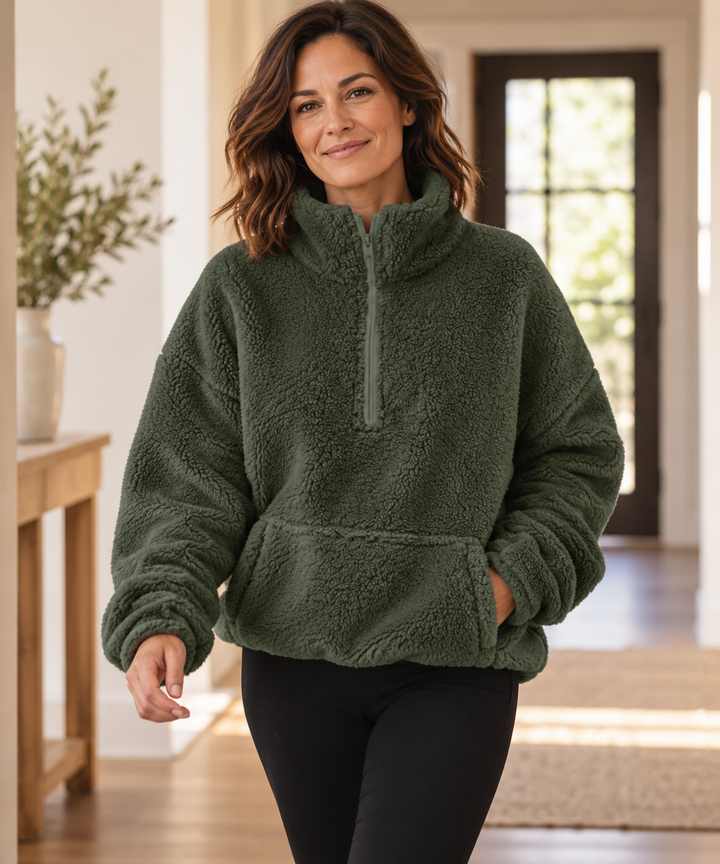 Teddy Fleece Half-Zip for Women, Oversized with Stand Collar