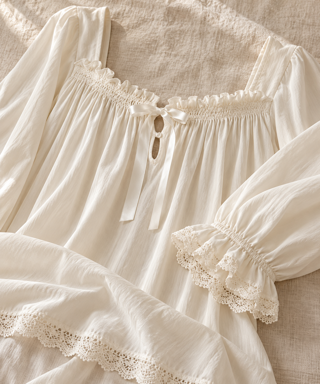 Cotton Prairie Nightgown for Women in White, Long Sleeve