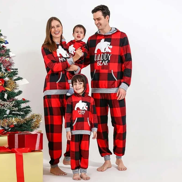 Matching Family Christmas Pajamas - Hooded Buffalo Plaid Bear