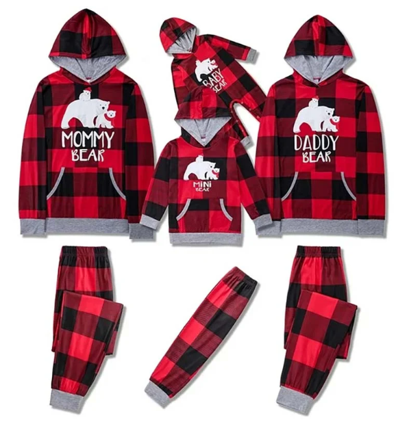 Matching Family Christmas Pajamas - Hooded Buffalo Plaid Bear