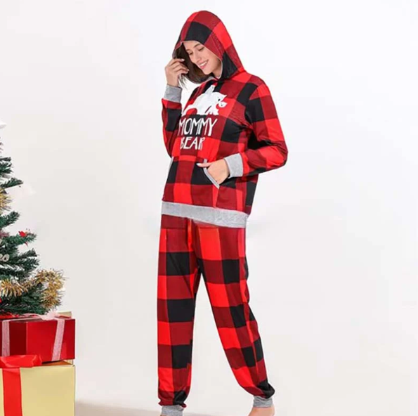 Matching Family Christmas Pajamas - Hooded Buffalo Plaid Bear