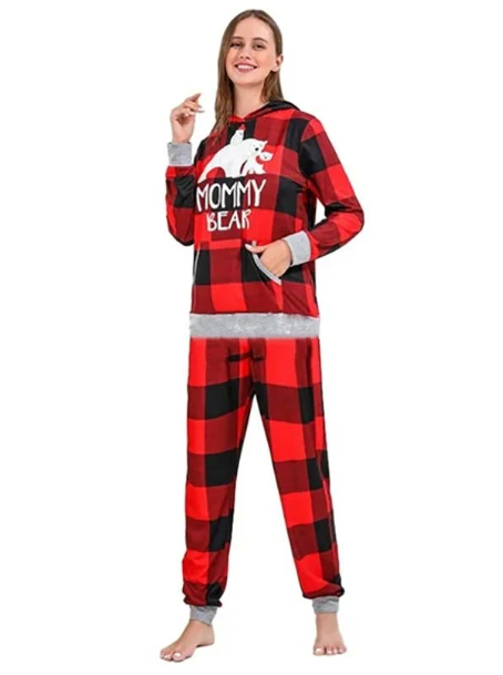 Matching Family Christmas Pajamas - Hooded Buffalo Plaid Bear
