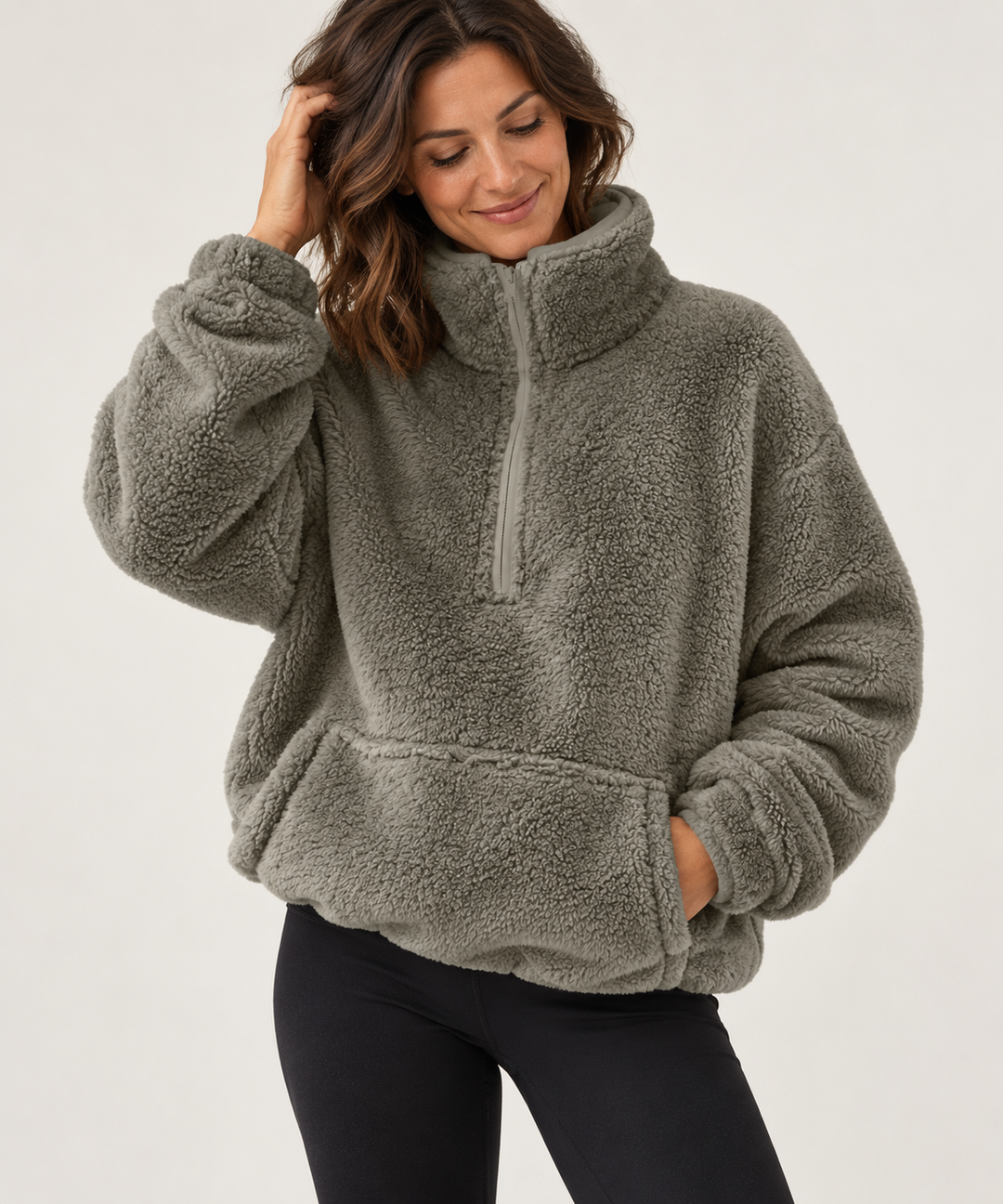 Teddy Fleece Half-Zip for Women, Oversized with Stand Collar