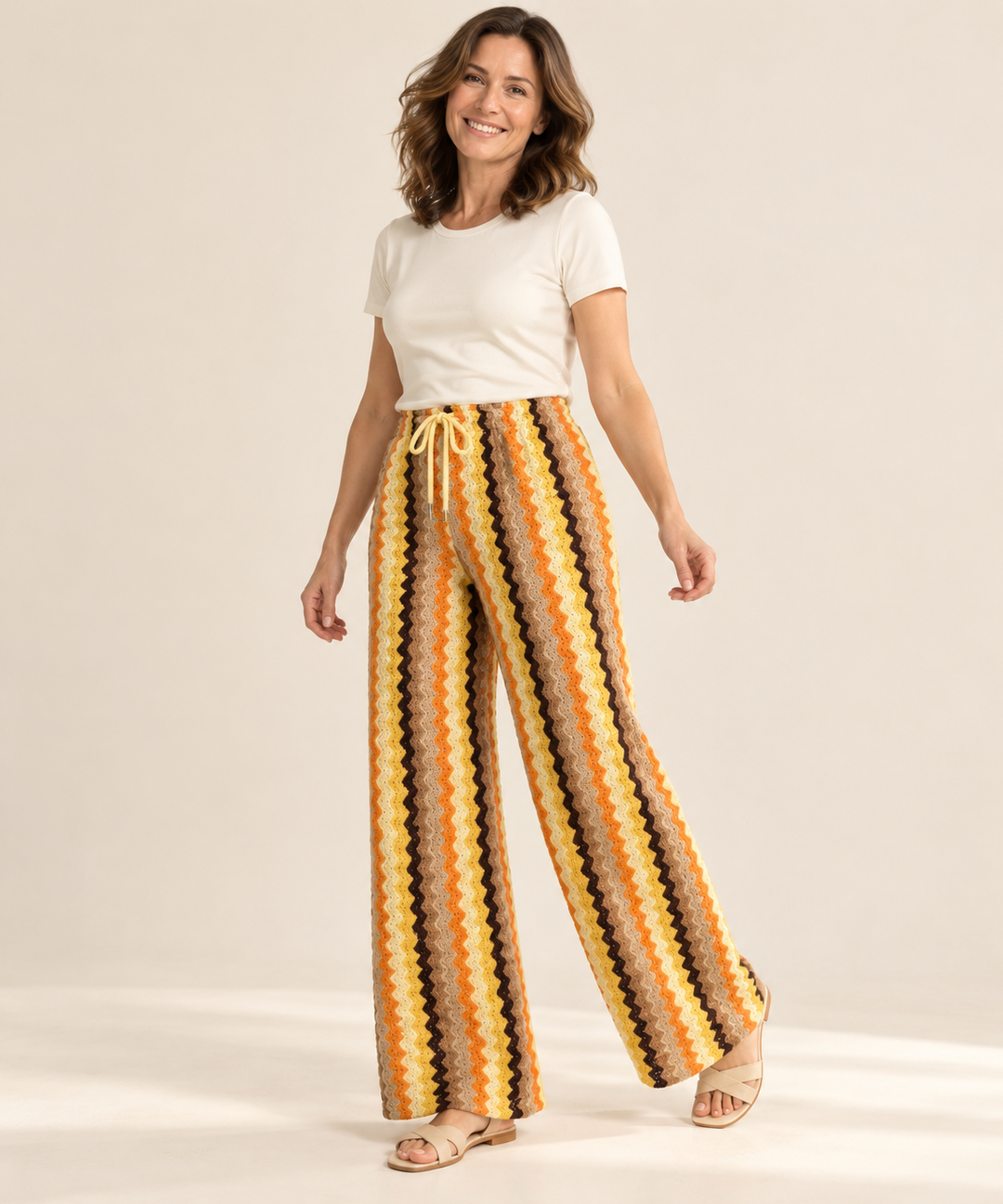 Crochet Knit Wide-Leg Pants for Women, Striped Pants