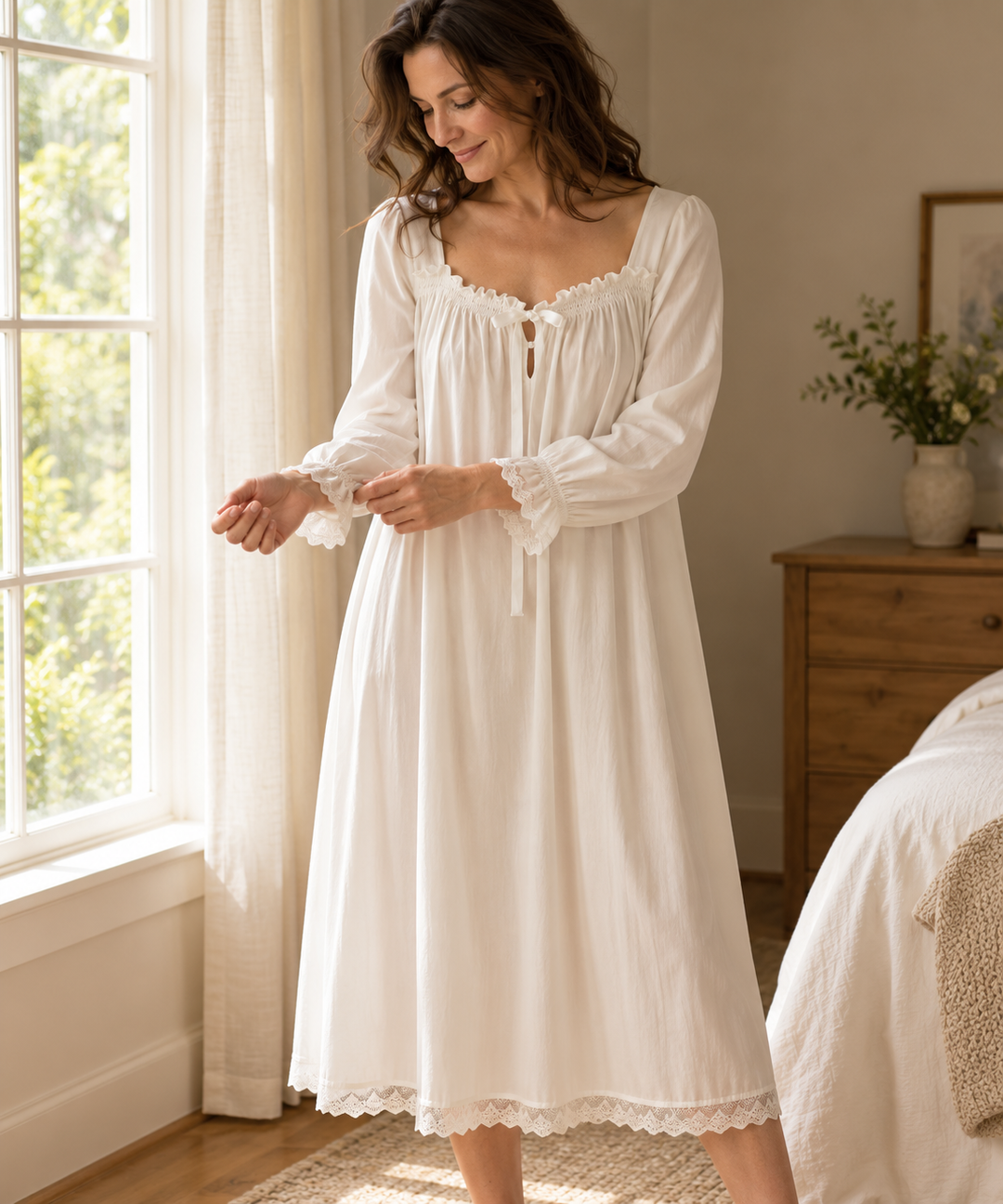 Cotton Prairie Nightgown for Women in White, Long Sleeve
