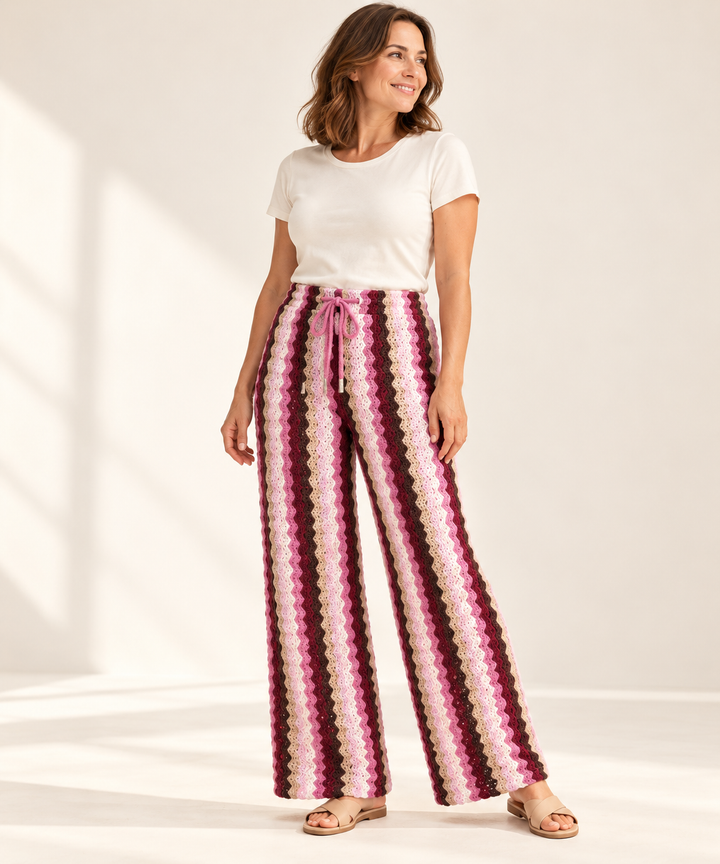Crochet Knit Wide-Leg Pants for Women, Striped Pants