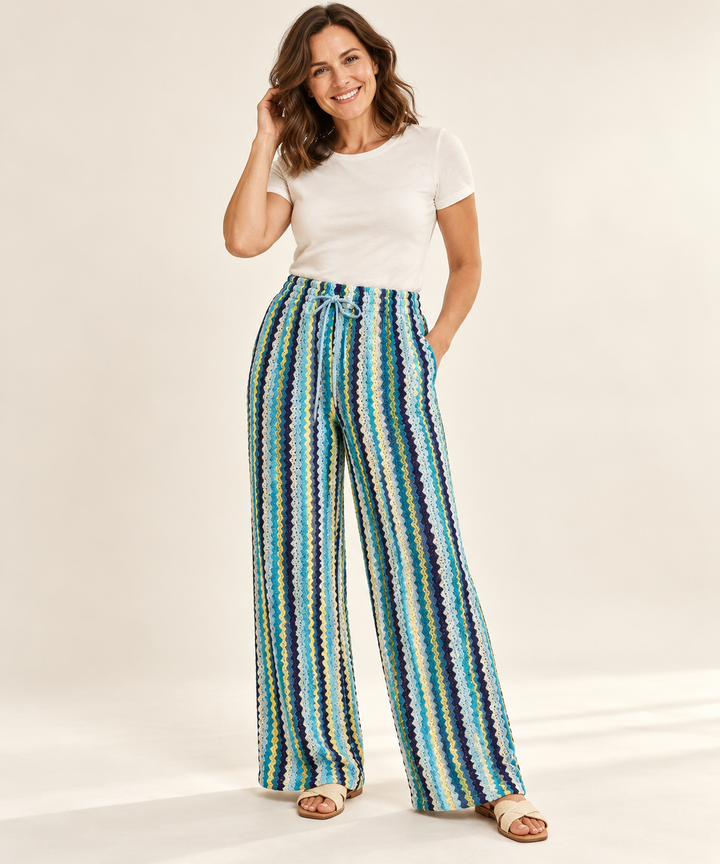 Crochet Knit Wide-Leg Pants for Women, Striped Pants