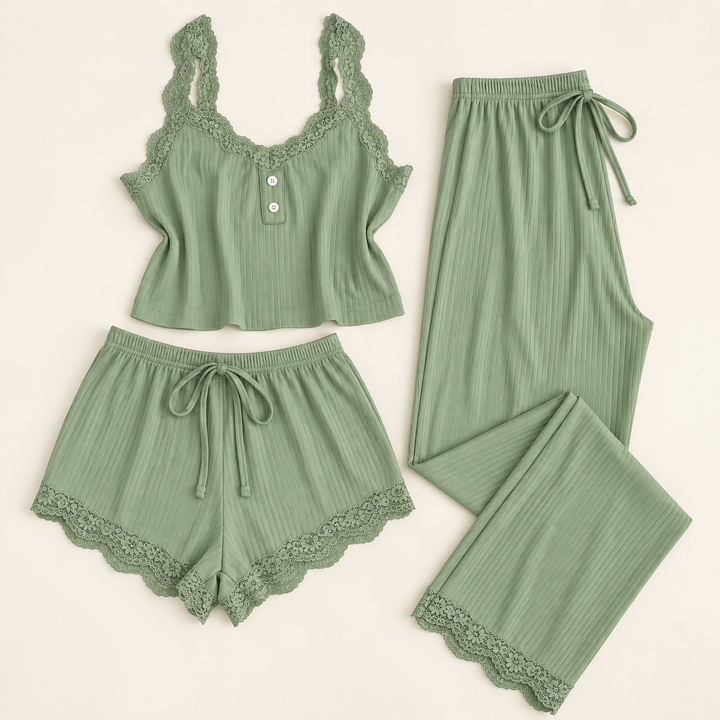 Satin 3-Piece Pajama Set for Women, Cami, Shorts and Pants