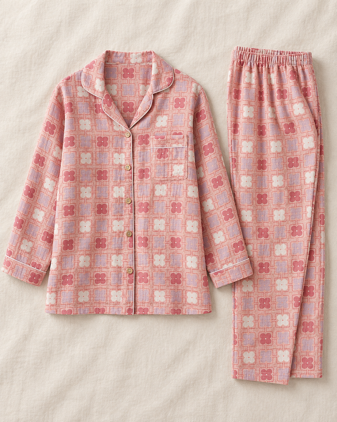 Cotton Gauze Pajama Set for Women, Long Sleeve Button-Up