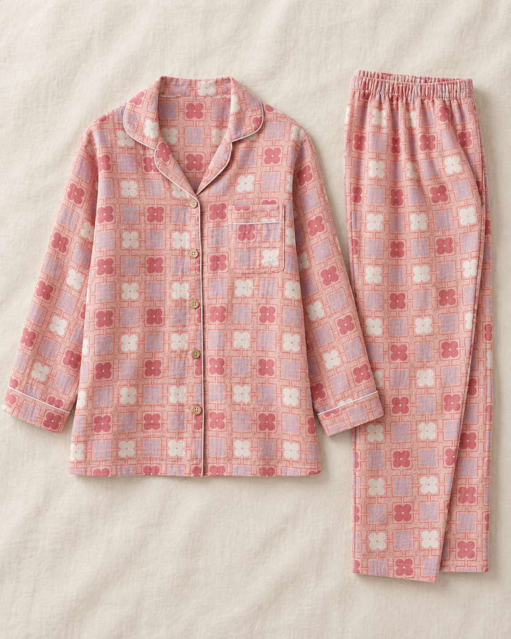 Cotton Gauze Pajama Set for Women, Long Sleeve Button-Up