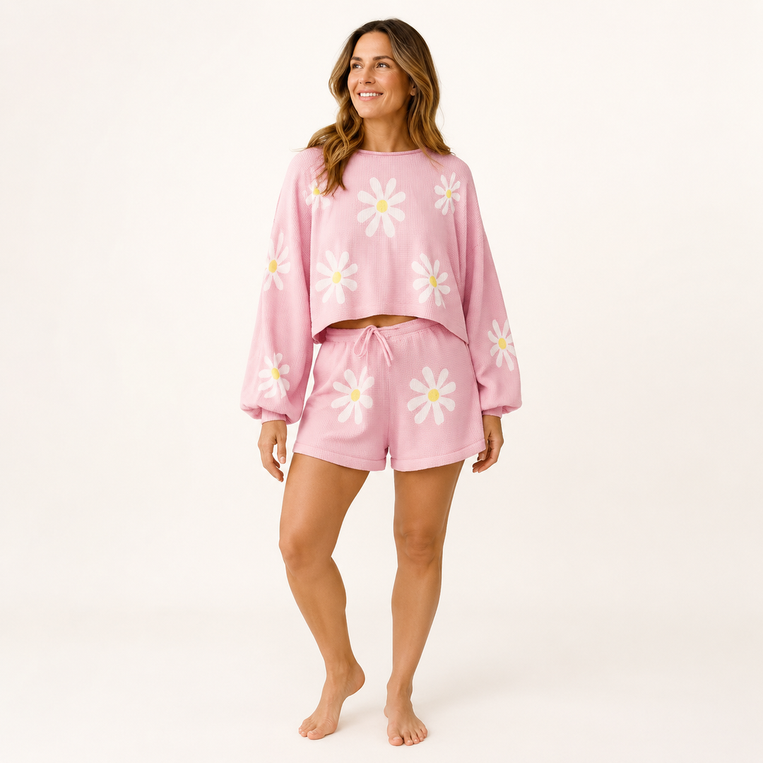 Lounge Set for Women, Long Sleeve Top and Tie Waist Shorts