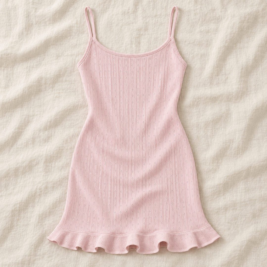 100% Cotton Pointelle Nightgown, Ruffle Hem Mini Chemise