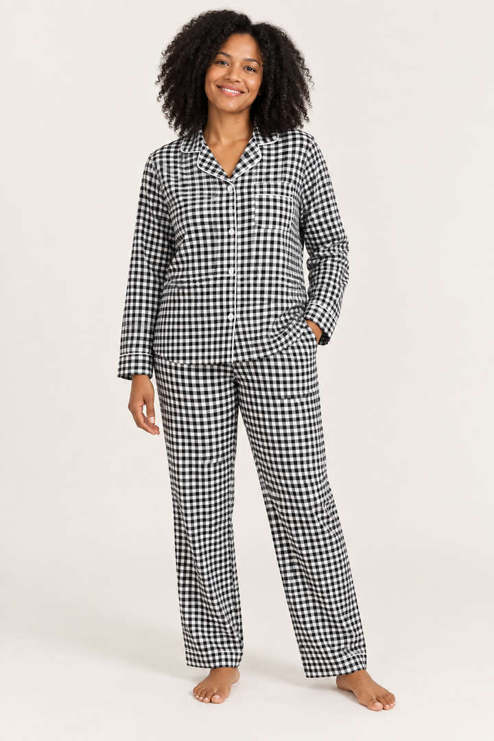 100% Cotton Double Gauze Pajama Set for Women, Plaid Long Sleeve